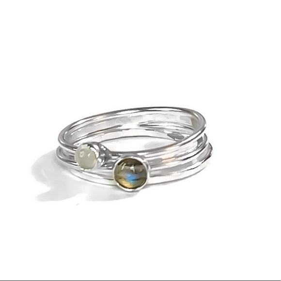 (2-13) 925 Sterling Silver Labradorite & Rainbow Moonstone Stacking Ring Set - Picture 2 of 9